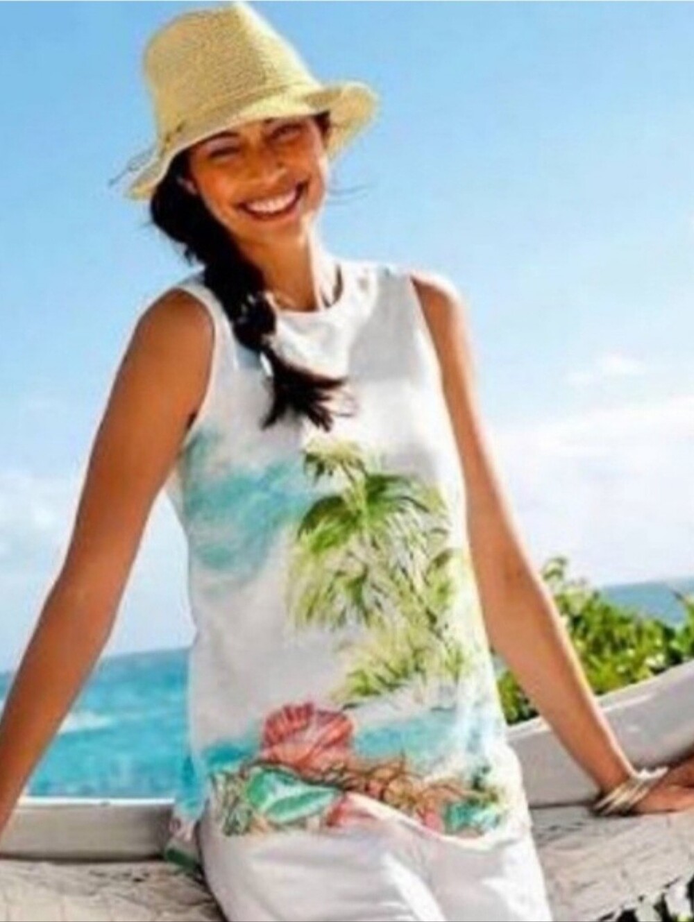 J. Jill Love Linen Petite Large Sleeveless Top Beach Summer Palm Trees Nautical